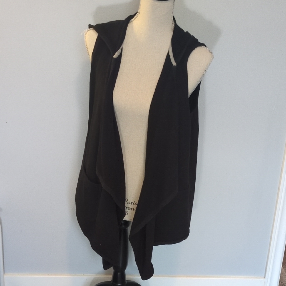 Joan Vass Black Sleeveless Hooded Draped Cardigan 1